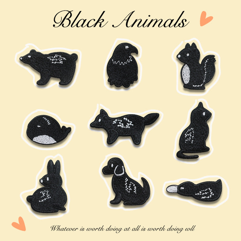9 schwarze Tier-Patches mit Kleberückseite und weißen Stickdetails, verschiedene Formen