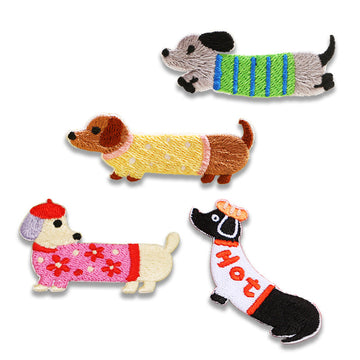 4 self-adhesive embroidered dachshund patches, mixed designs and colors