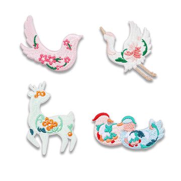 4 self-adhesive embroidered animal patches: pink bird, white bird, light blue deer, fish
