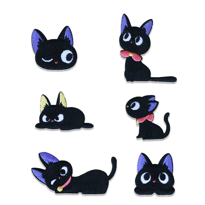 Set schwarzer Katzen-Patches, verschiedene Posen: sitzend, liegend, winkend, Schwanz