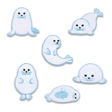 Weiß bestickter Robben-Patch mit blauem Rand, 6er Set