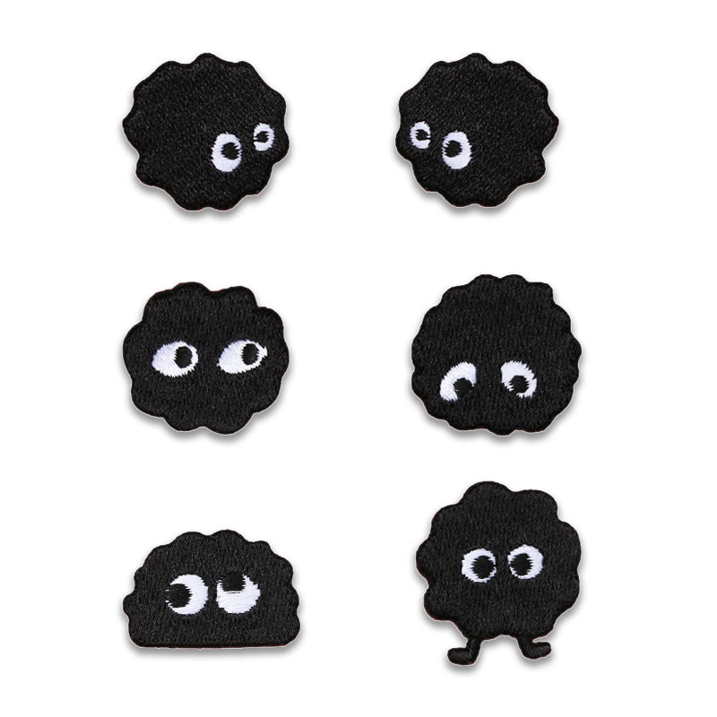 Black coal ball elf embroidered patches with white eyes, 6-pack