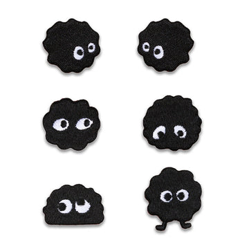 Black coal ball elf embroidered patches with white eyes, 6-pack