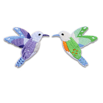 Set of self-adhesive hummingbird embroidered patches: purple-blue and green designs