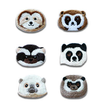 Animal head embroidered patches (6 pack): raccoon, raccoon dog, sloth, otter, panda, beaver