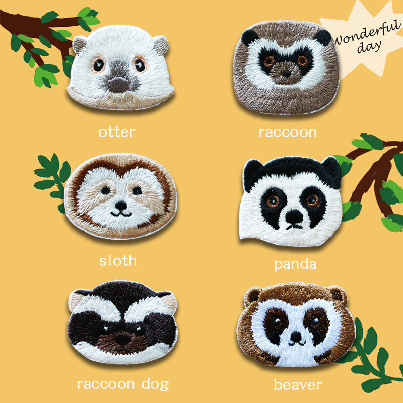 Six animal head patches: otter, raccoon, panda, sloth, raccoon dog, beaver
