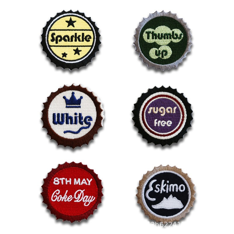 Bottle cap embroidered patches (6-pack) with Sparkle, Thumbs Up, White, Eskimo, sugar free, Coke Day