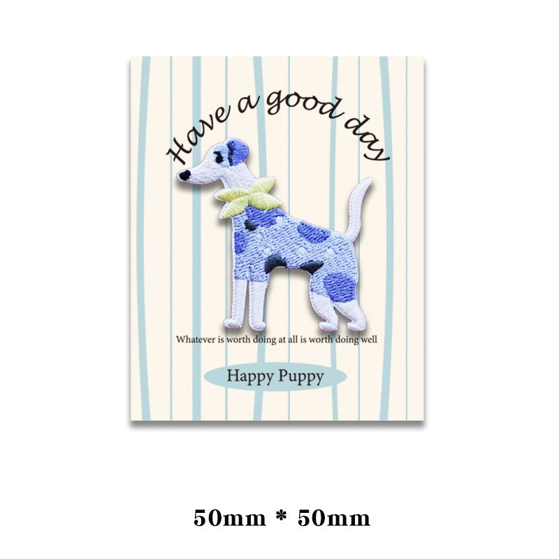 Embroidered dog patch: blue dog with green star belly and light green accent details