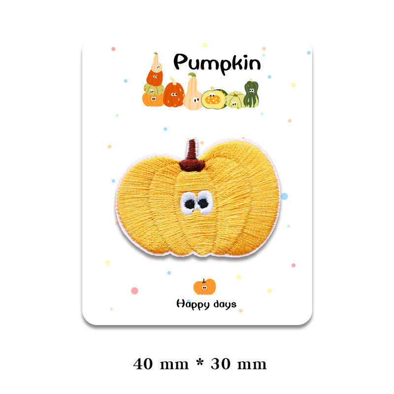 Yellow pumpkin patch with brown stem and embroidered wide eyes