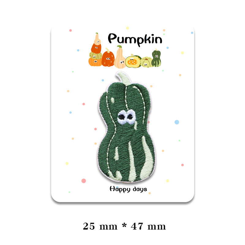 Green striped pumpkin embroidered patch with stitched face and small leaf