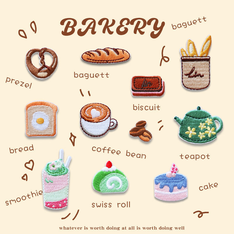 Mini embroidered baking patches collage: pretzel, baguette, biscuits, coffee cup, tea pot, cake.