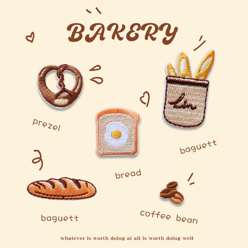 Mini embroidered baking patches: pretzel, bread square with egg, baguette, coffee beans, biscuit pot.