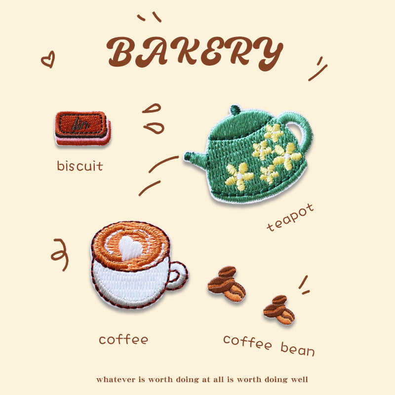 Mini embroidered baking patches: biscuit bar, coffee cup, coffee beans, green teapot with flowers.