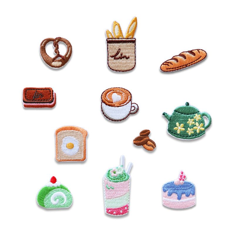 12 mini embroidered baking patches set: pretzel, bread, coffee cup, teapot, cake, baguette.