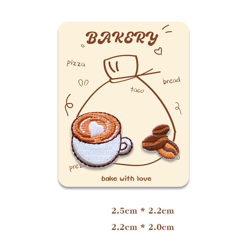 Baking-themed embroidered patch for phone case: coffee cup with pastry and bread accents