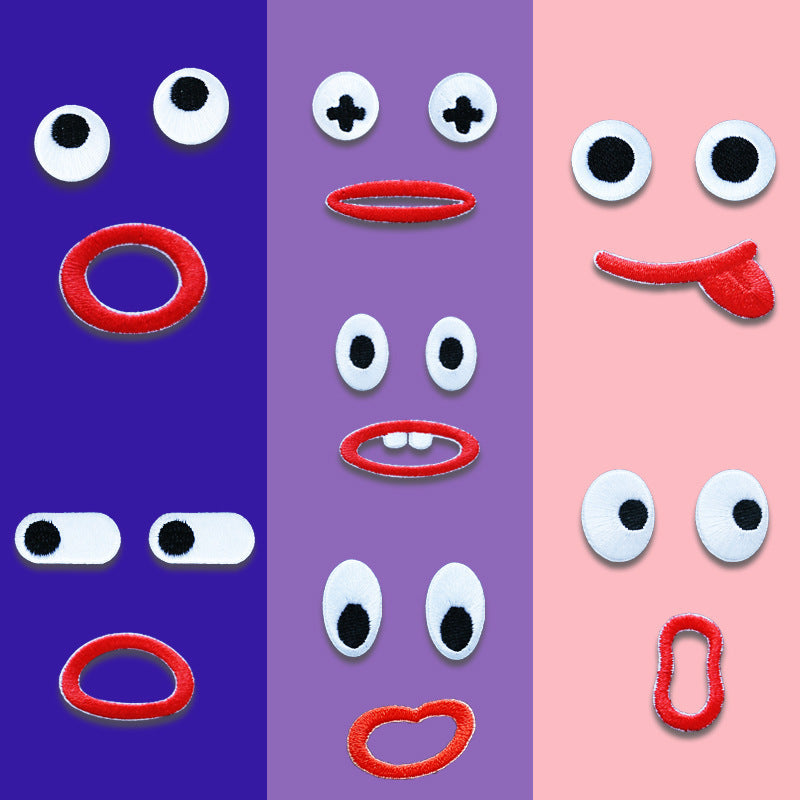 7-pack self-adhesive embroidered emoji patches with white eyes and red mouth shapes
