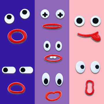 7-pack self-adhesive embroidered emoji patches with white eyes and red mouth shapes
