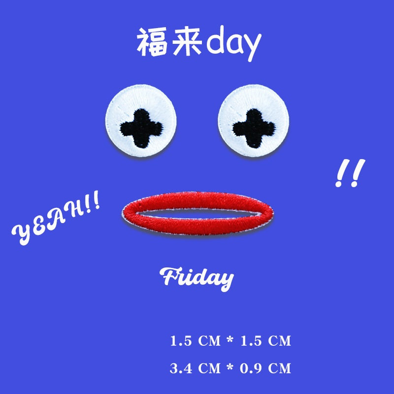 Emoji patches: two white eye patches with black plus pupils and a red lip outline