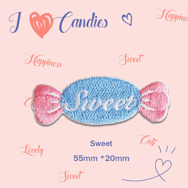Candy-Stickpatch „Sweet“: blaues Oval mit rosa Schleifenenden, selbstklebend