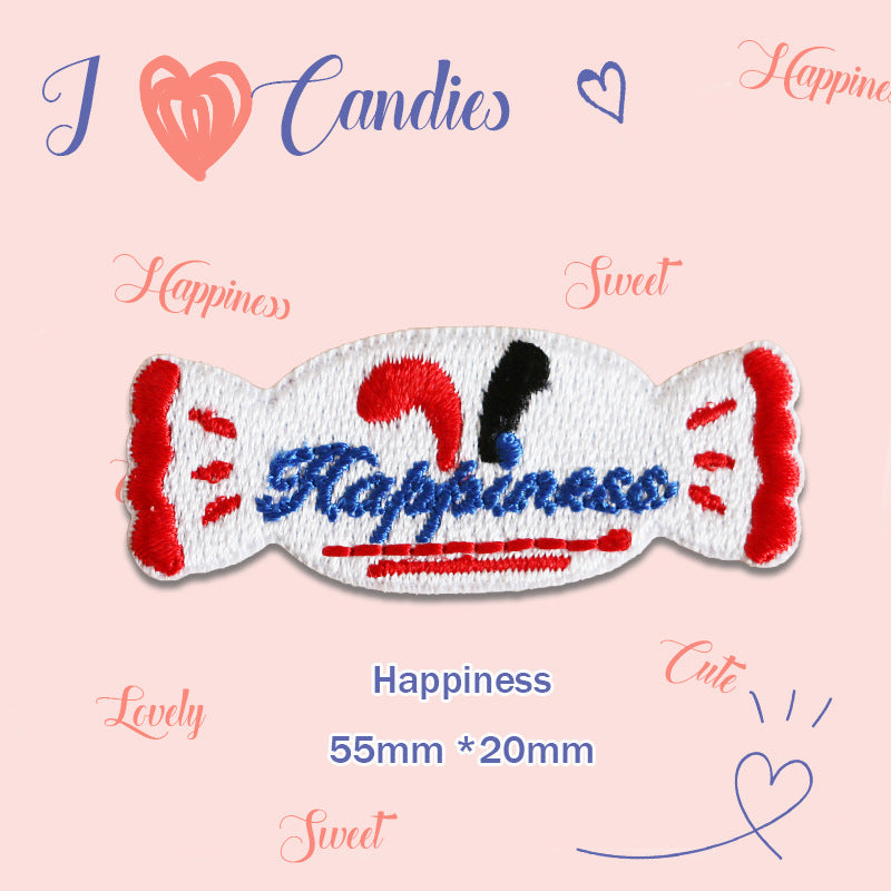 Candy-Stickpatch „Happiness“: weißes Oval mit roten Akzenten und blauer Schrift, selbstklebend
