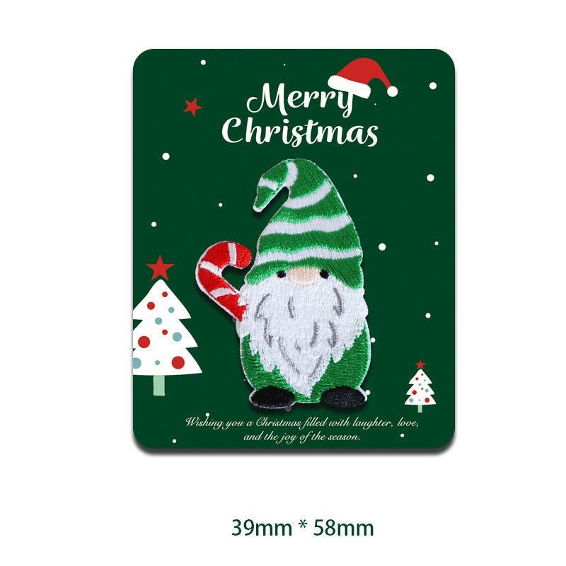 Weihnachts-Patch: Gnom mit grün gestreifter Mütze, weißem Bart und rotem Zuckerstab