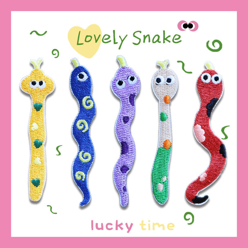 Five snake patches: yellow, blue, purple, white-green, and red embroidered designs