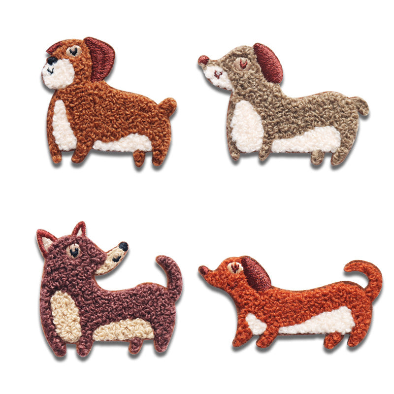 Self-adhesive towel dog patches: brown and beige puppies, shown together