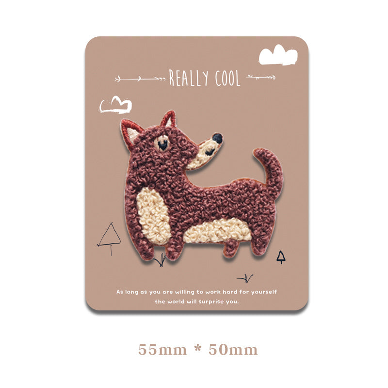Self-adhesive dog patch set: four towel-embroidered puppies in brown, beige, maroon, orange