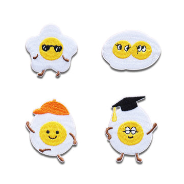 4 self-adhesive embroidered fried egg patches with cartoon faces and fun details