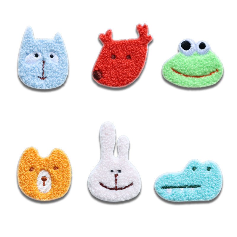 Self-adhesive plush cartoon animal head embroidered patches, 6 pack