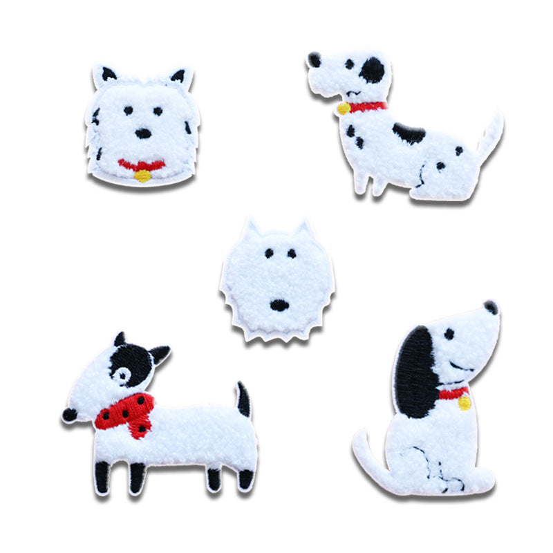 White self-adhesive dog patches, embroidered black spots and red bow tie, 5 pcs set