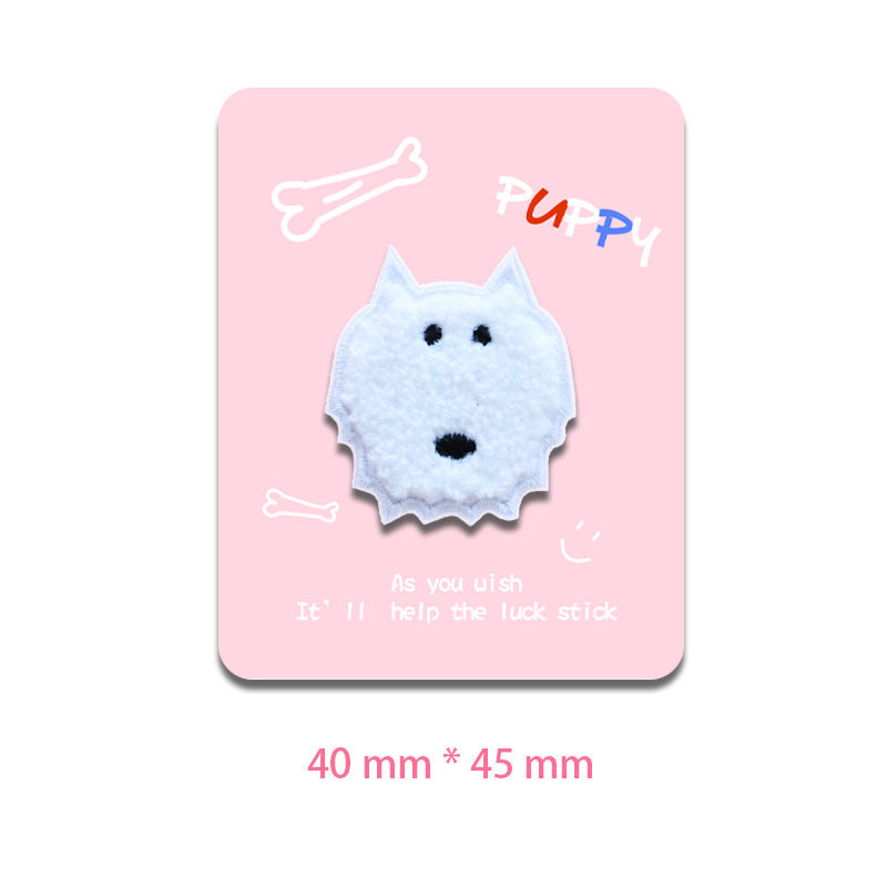 White dog patch head shape, black eyes and nose embroidery