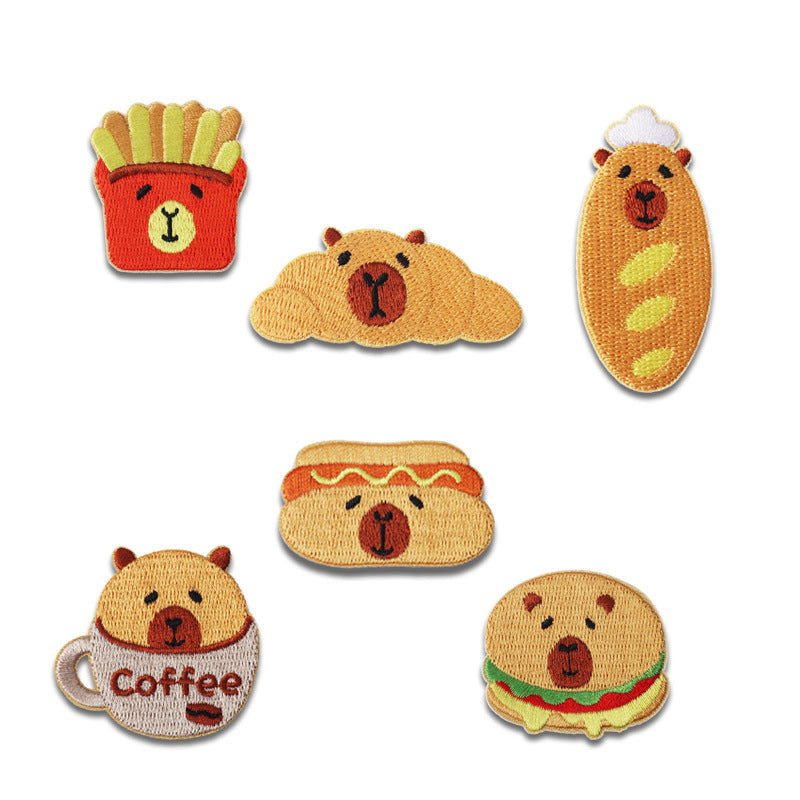 Capybara-Stickpatches (6er Set) in Brauntönen, verschiedene Lebensmittel-Motive