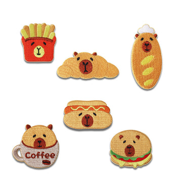 Capybara-Stickpatches (6er Set) in Brauntönen, verschiedene Lebensmittel-Motive