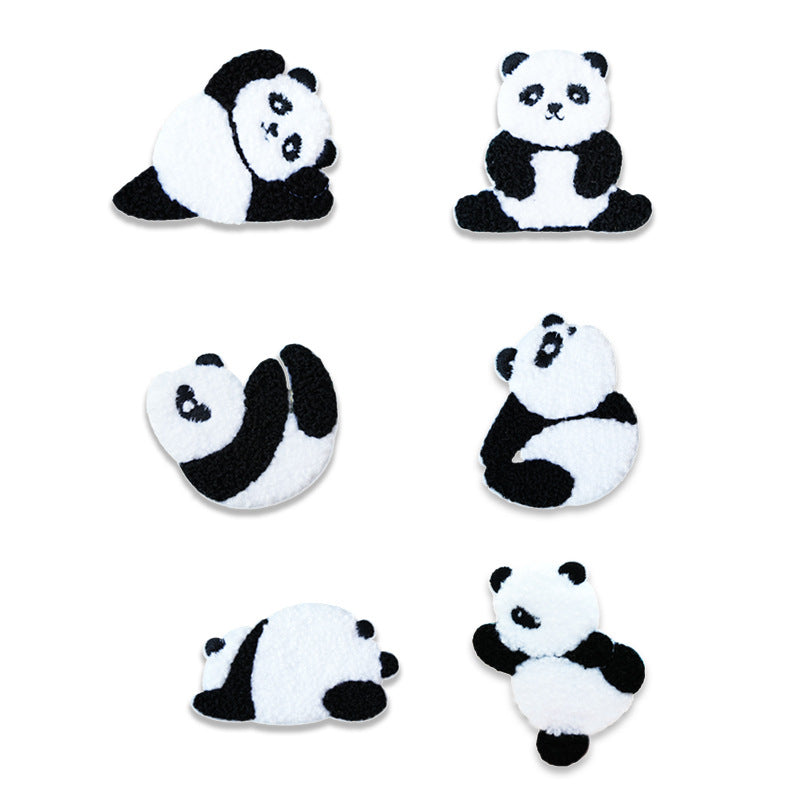 Self-adhesive plush panda yoga embroidered patches, 6-pack, black-and-white poses