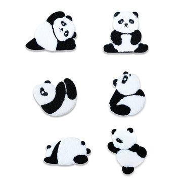 Self-adhesive plush panda yoga embroidered patches, 6-pack, black-and-white poses