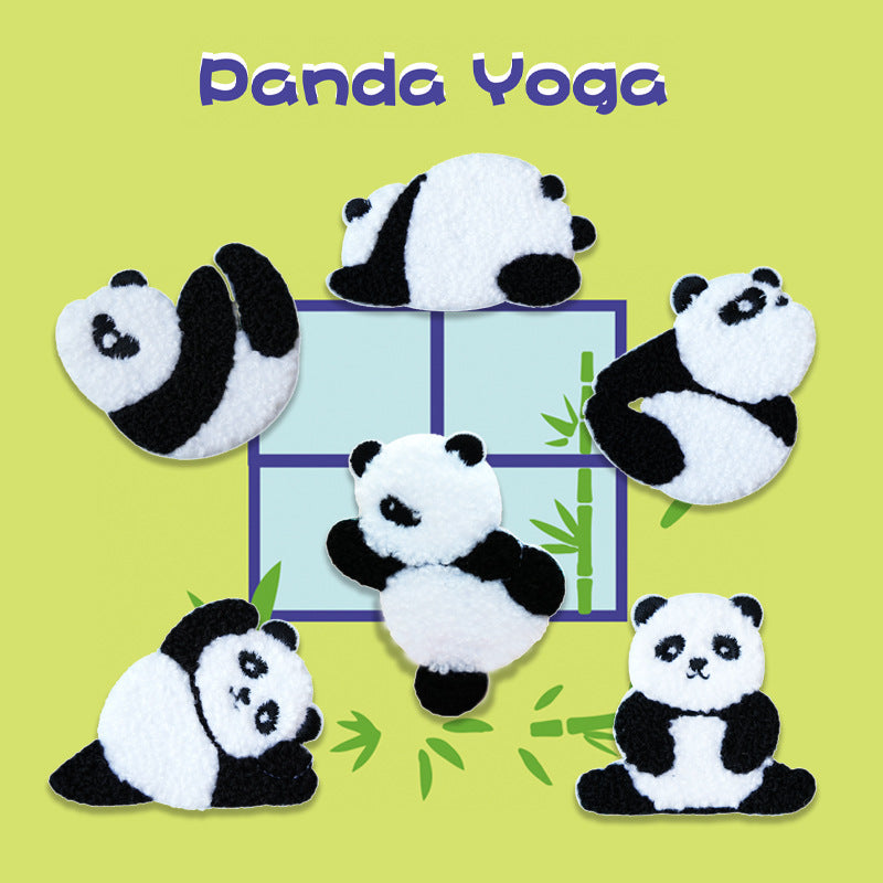 Self-adhesive plush panda yoga patches set, showing multiple black-and-white panda poses