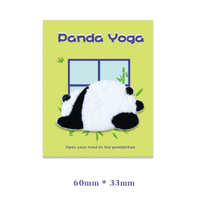 60mm x 33mm self-adhesive plush panda yoga embroidered patch, curled black-and-white panda