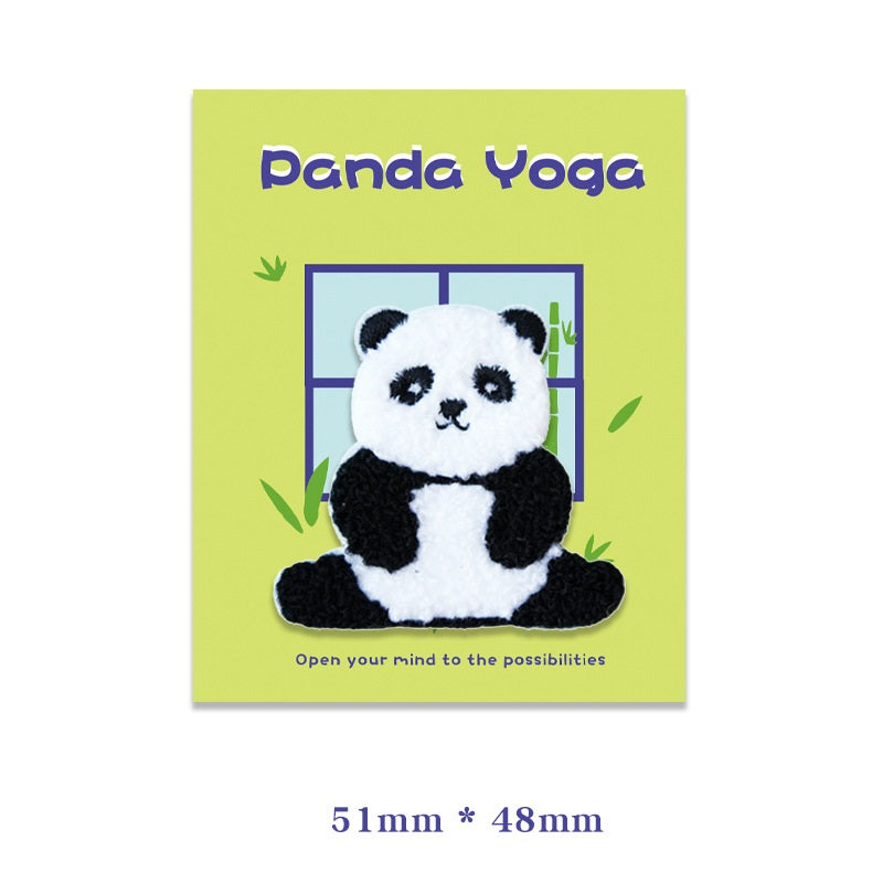 51mm x 48mm self-adhesive plush panda yoga embroidered patch, kneeling black-and-white panda