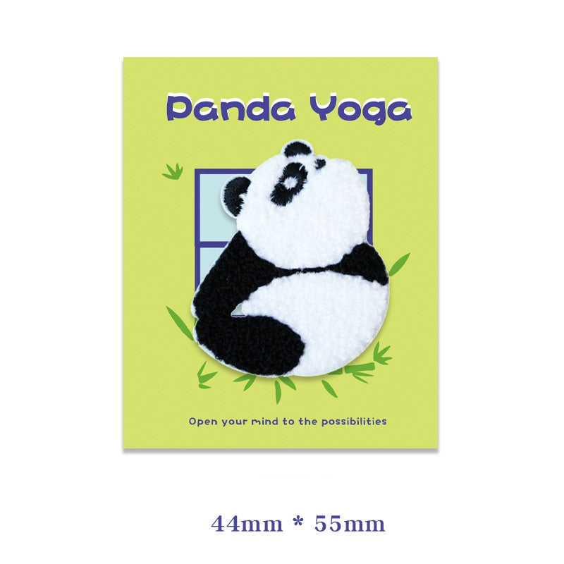 44mm x 55mm self-adhesive plush panda yoga embroidered patch, seated black-and-white panda