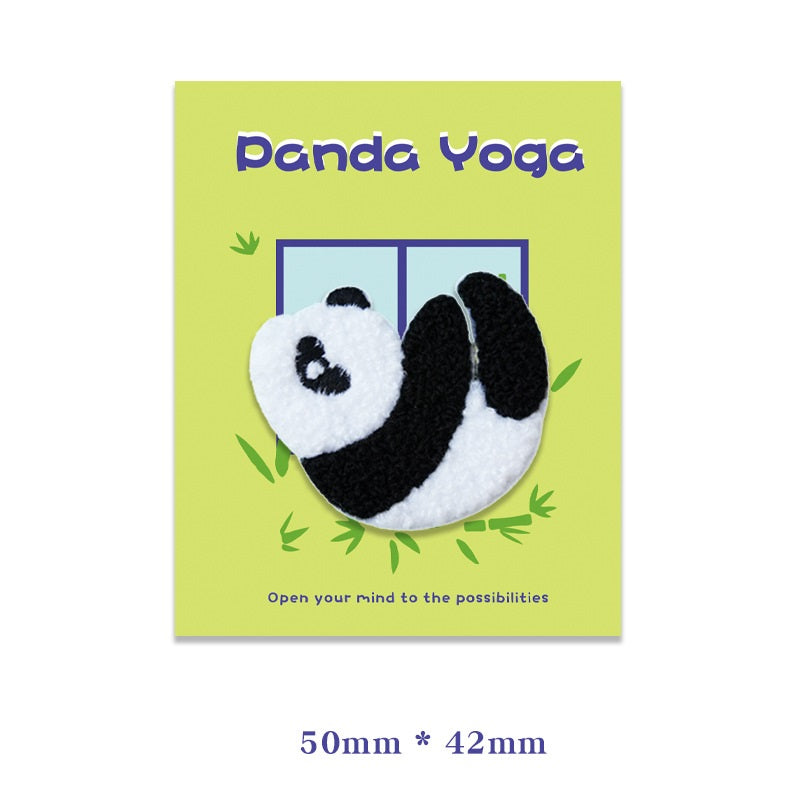 50mm x 42mm self-adhesive plush panda yoga embroidered patch, side stretch black-and-white panda