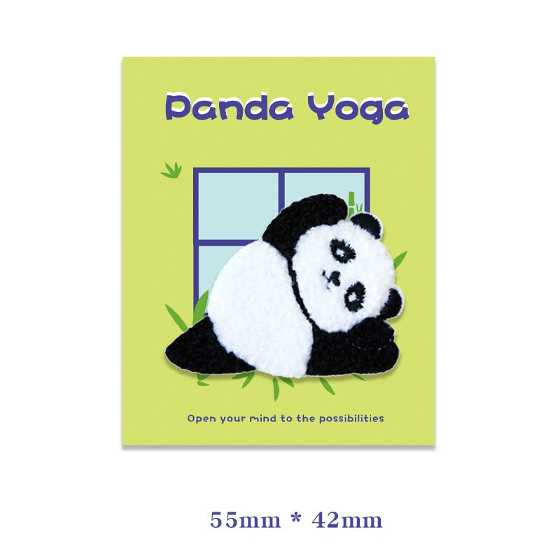 55mm x 42mm self-adhesive plush panda yoga embroidered patch, lying black-and-white panda