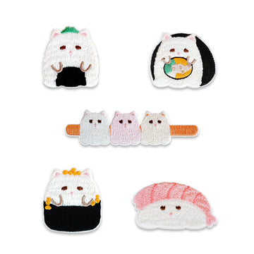 5 stitched cat & sushi patches set: white cat, panda roll, trio bar, black seaweed, pink roll