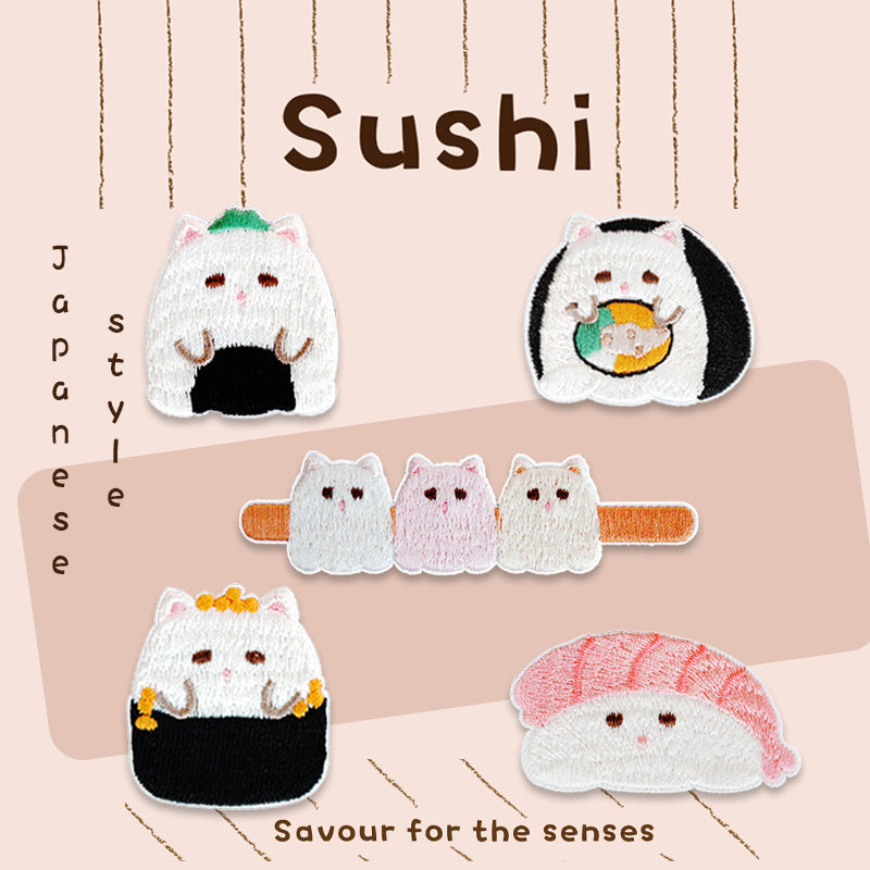 Set of 5 cat & sushi embroidered patches: mint-topped cat, panda roll, trio on orange bar, black