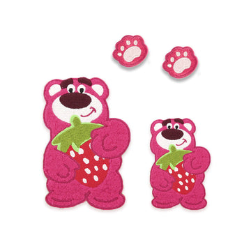 Pink strawberry bear self-adhesive embroidered patches: bear and paw prints set