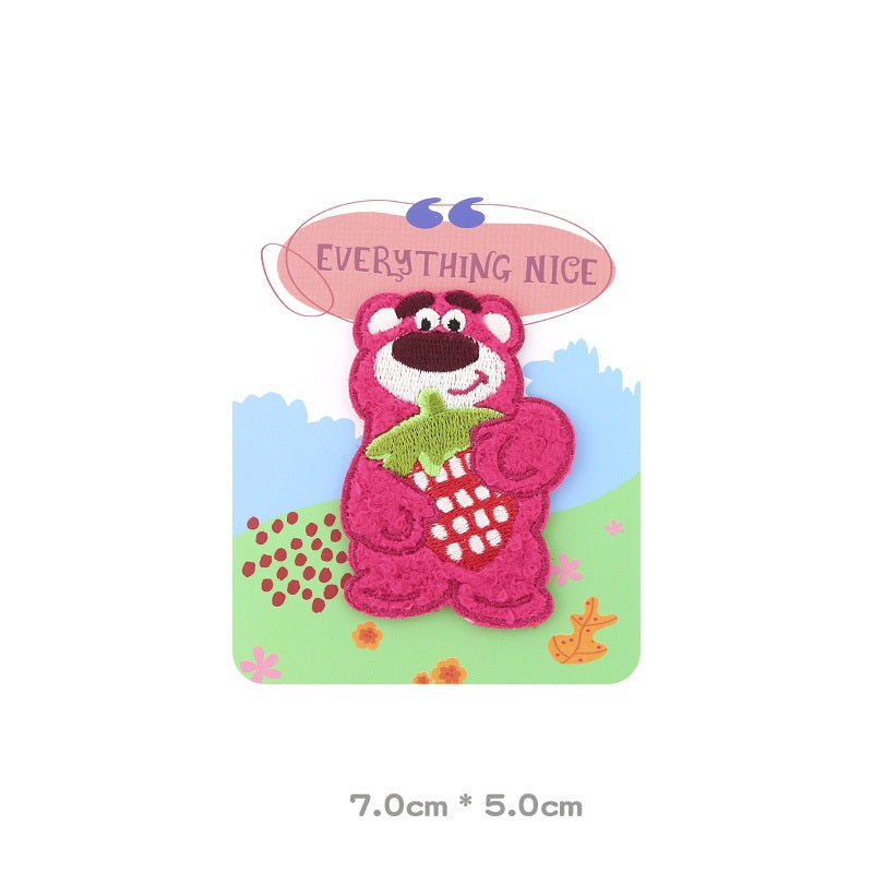 Smaller pink bear patch with green leaf and strawberry pattern, self-adhesive embroidered