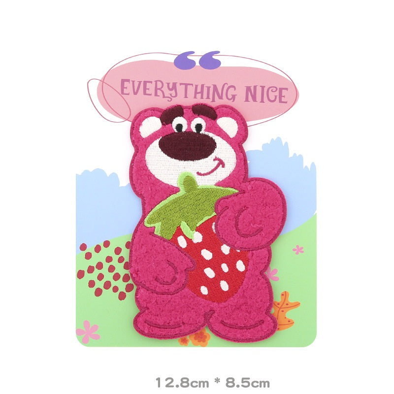 Pink bear patch with green leaf and strawberry pattern, self-adhesive embroidered