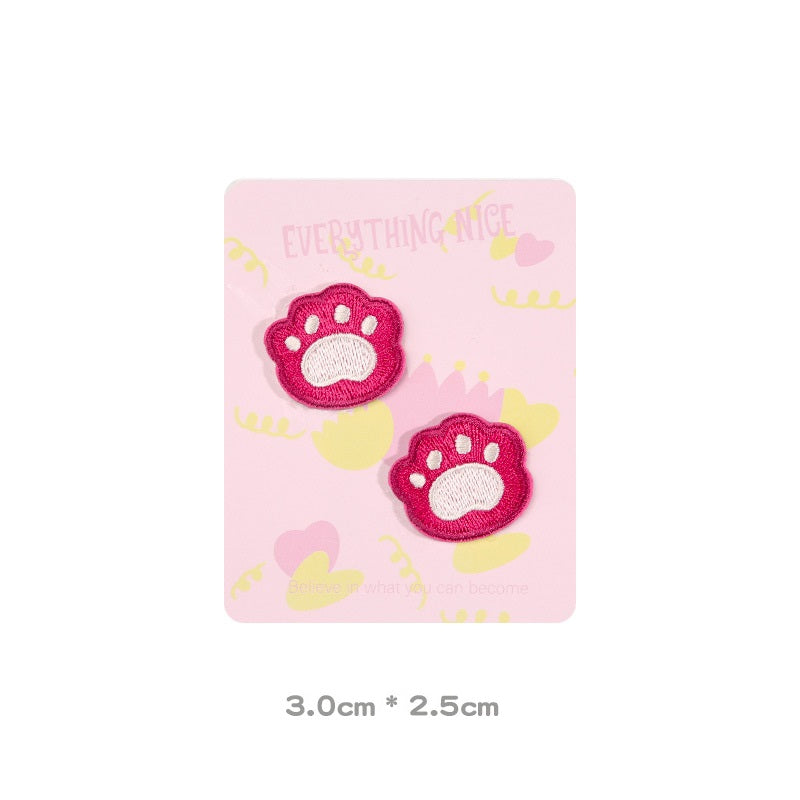 Pink paw-print embroidered patches, self-adhesive, two small pieces