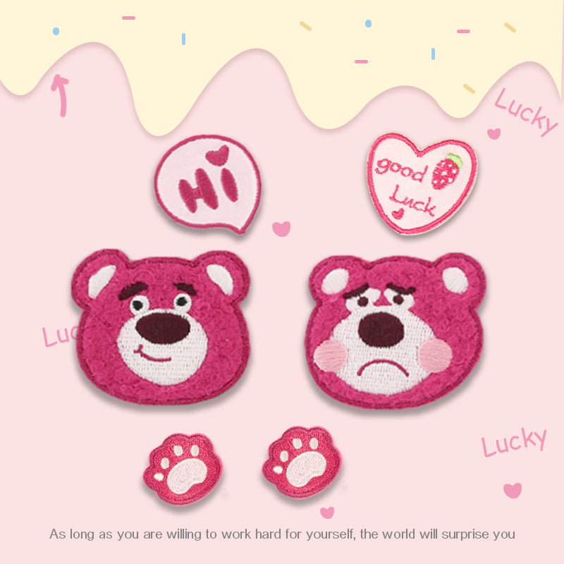 5-pack pink embroidered bear patches: “Hi” face, “Good Luck” heart, bear heads & paws