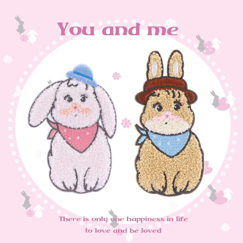 Two embroidered rabbit patches: blue-hat bunny and brown rabbit, self-adhesive